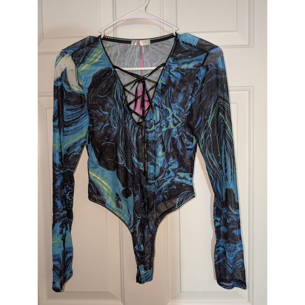 Avidlove Blue Marble Mesh Bodysuit Lace Up Long Sleeve Y2K Festival Top Sz M